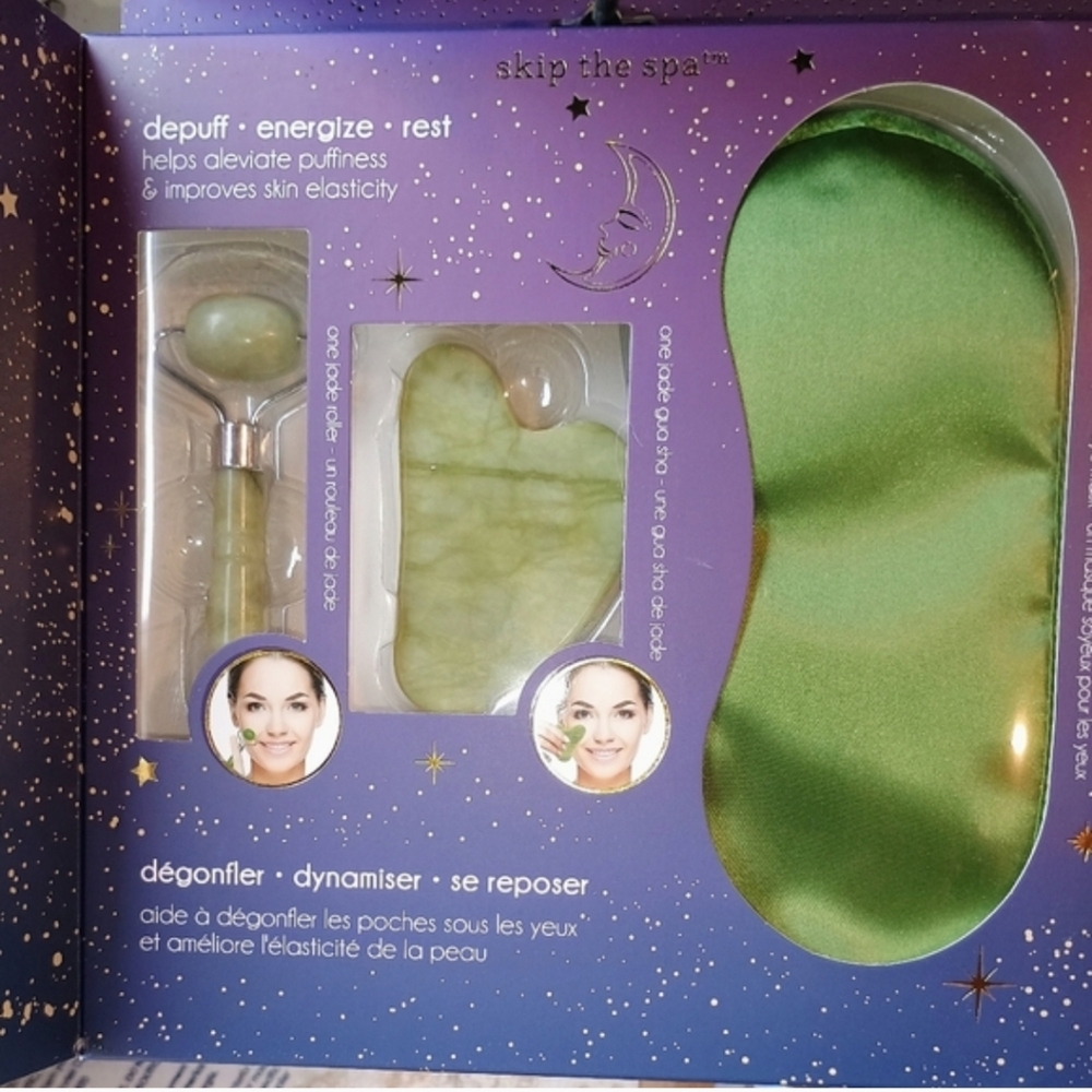 Skip The Spa Self Care & Sculpting Trio Set Gua Sha Mask Jade Roller 3 PC Set